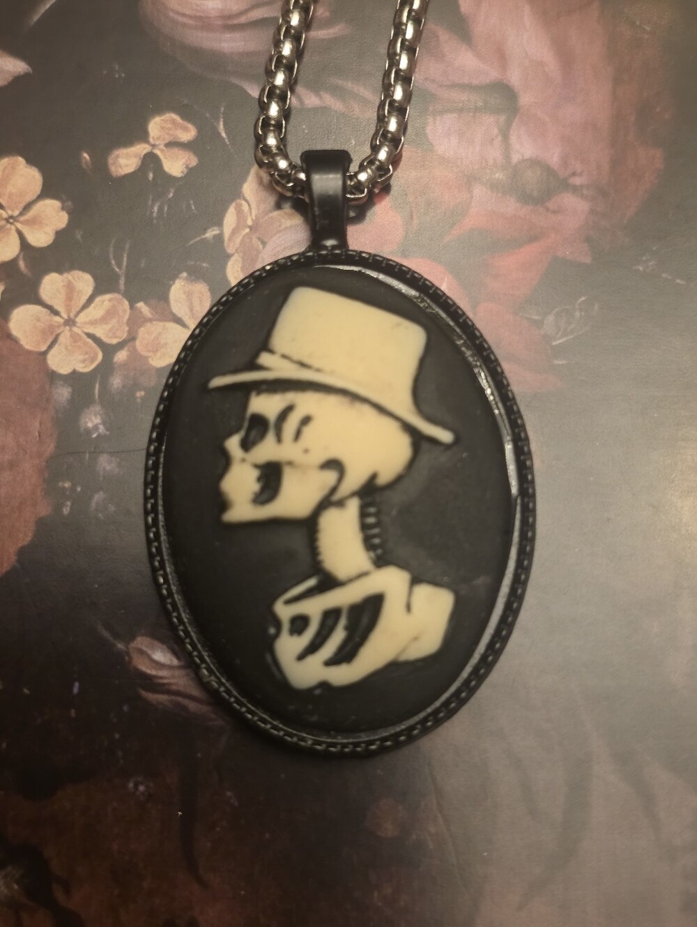 Skeleton Man In A Top Hat Pendant In A Metal Frame On A Silver Tone Chain
